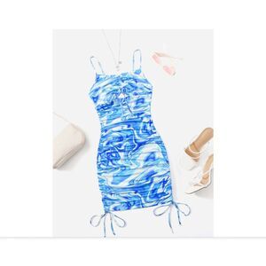 SHEIN ICON Blue and White Marble Print Drawstring Hem Cami Dress Ties on Bottom